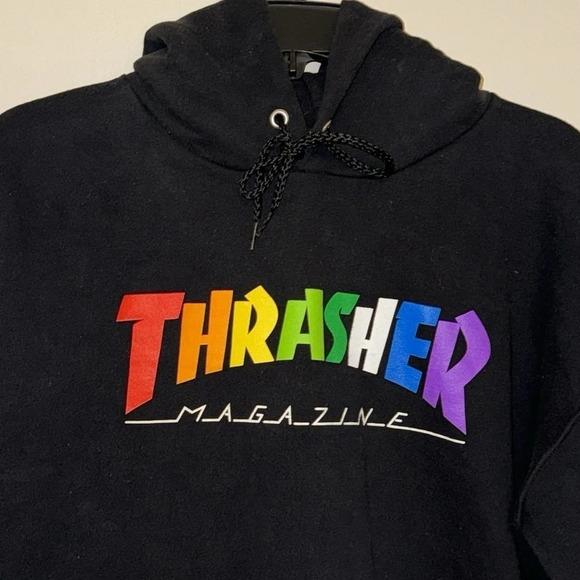 THRASHER Magazine Mag Black Drawstring Rainbow Hoodie Long Sleeve Sweatshirt MED - Picture 2 of 9